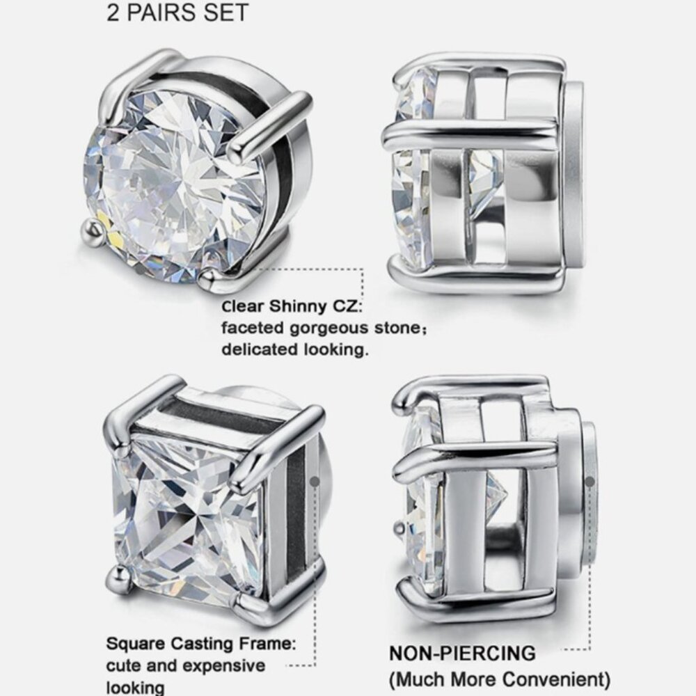 2 Pair 6MM - 4 Prong Stainless Steel & CZ Magnetic Non-Piercing Stud Earrings - Picture 3 of 3